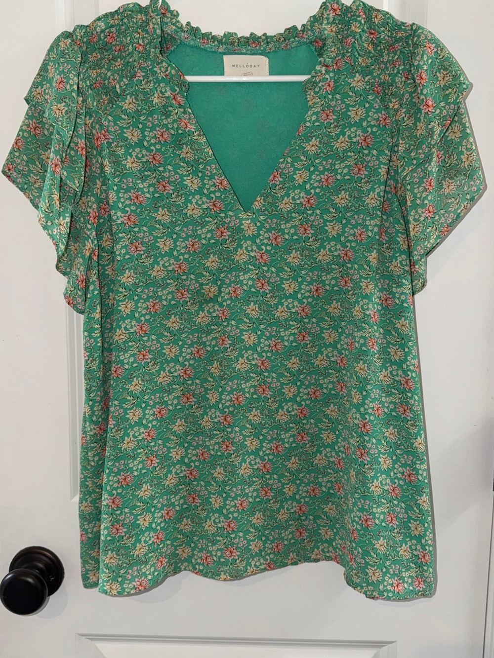 Melloday Green Floral Ruffle Flutter Sleeve Blouse Medium